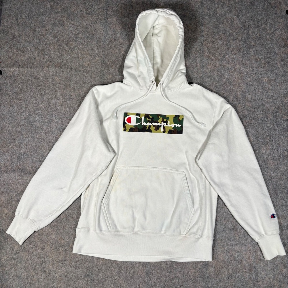 Champion Reverse Weave Hoodie Mens Medium White Camo Box Logo Sweatshirt